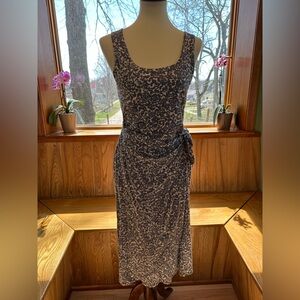 Pact Sleeveless Blue and White Floral Tie-Waist Dress L NWT